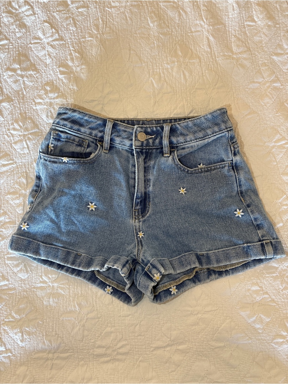 PacSun Light Blue Daisy Embroidered Jean mom Shorts